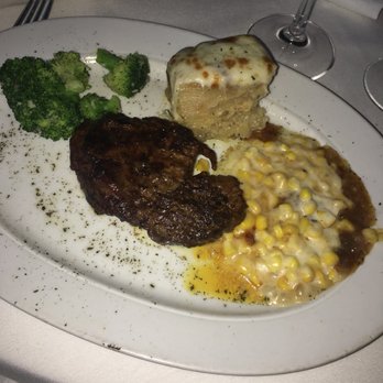 Steak 48 - My filet. I like it medium well (don't judge me). Sides:au Chef Taylor's au Gratin Potatoes, Creme Corn Créme Bruleé, and Broccoli. - Steakhouses Near Me - Houston, Texas