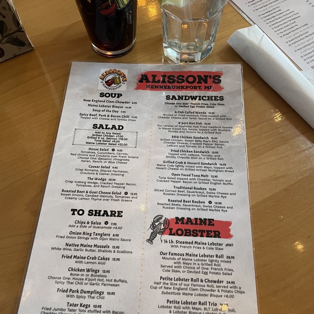 Alisson's Restaurant - Menu - Seafood Near Me - Kennebunkport, Maine