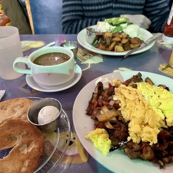 Pick Me Up Cafe - Tuscany Scramble and Breakfast Burrito (foreground) - New American Near Me - Chicago, Illinois