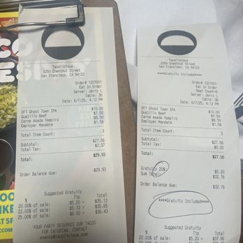 Tacolicious - Original bill on left, when asked to remove employee mandate they added gratuity - Cocktail Bars Near Me - San Francisco, California