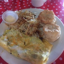 Sausage and cheddar omelet, hash browns and biscuits. Sausage and cheddar omelet, hash browns and biscuits.