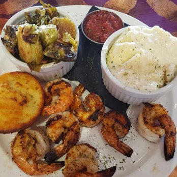 Magnolia's At The Ritz - Grilled Gulf shrimp, glazed brussel sprouts, and cheese grits. - Southern Near Me - West Point, Mississippi