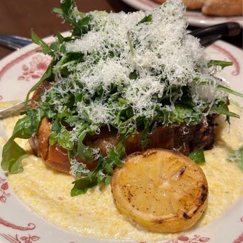 Pietro's - Porchetta Tuscan Pork Belly, Crispy Skin, Arugula, Polenta, Lazio Gravy - Italian Near Me - Lodi, California Pietro's - Porchetta Tuscan Pork Belly, Crispy Skin, Arugula, Polenta, Lazio Gravy - Italian Near Me - Lodi, California