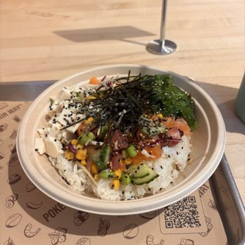 Pokeworks - Build Poke Your Way Combo: white rice, salmon, tuna, cucumber, edemame, corn, seaweed salad, tofu, nori flakes, and cabbage - Hawaiian Near Me - Dallas, Texas Pokeworks - Build Poke Your Way Combo: white rice, salmon, tuna, cucumber, edemame, corn, seaweed salad, tofu, nori flakes, and cabbage - Hawaiian Near Me - Dallas, Texas