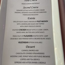 Dinner menu Dinner menu