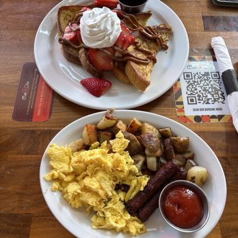 Cafe De Olla - Sweet Temptation French Toast with Side of Home Fries, Eggs, Sauage - American Near Me - Burbank, California Cafe De Olla - Sweet Temptation French Toast with Side of Home Fries, Eggs, Sauage - American Near Me - Burbank, California
