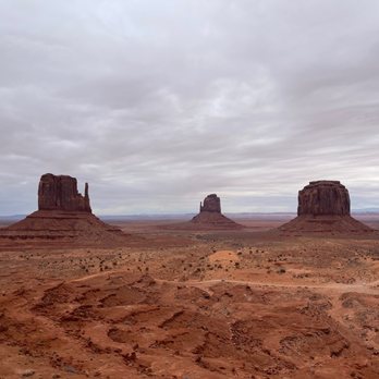 Monument Valley - Monument Valley: view of West & East Mitten Butte and Merrick Butte from John Wayne's point at The View hotel - Landmarks & Historical Buildings Near Me - Oljato-Monument Valley, Utah