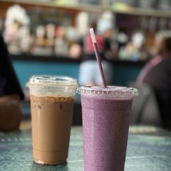 Night & Day Coffee Cafe - Iced chocolate peanut butter mocha iced coffee and blueberry banana yogurt smoothie
