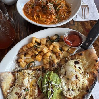 Bistro Di Bufala - Avocado caprese flatbread and spaghetti and meatballs for brunch. - Italian Near Me - Visalia, California Bistro Di Bufala - Avocado caprese flatbread and spaghetti and meatballs for brunch. - Italian Near Me - Visalia, California