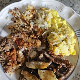 Next day photo of eggs, hash browns, catfish and apple waffle. Next day photo of eggs, hash browns, catfish and apple waffle.