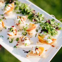 Grilled Peach, Arugula, Burrata, While Balsamic Pearls, Charred Toast Grilled Peach, Arugula, Burrata, While Balsamic Pearls, Charred Toast