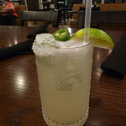 Spicy Margarita. Not the real name but it has jalapeños in it and it is deliciousness