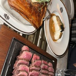 Steak sampler, halibut, and vegetable pot pie