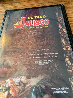 Menu photo 2 El Taco Jalisco Killeen, TX Menu photo 2 El Taco Jalisco Killeen, TX