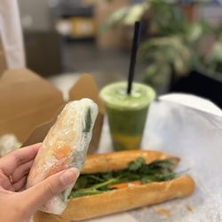 Mango matcha, tofu banh mi, and shrimp spring rolls