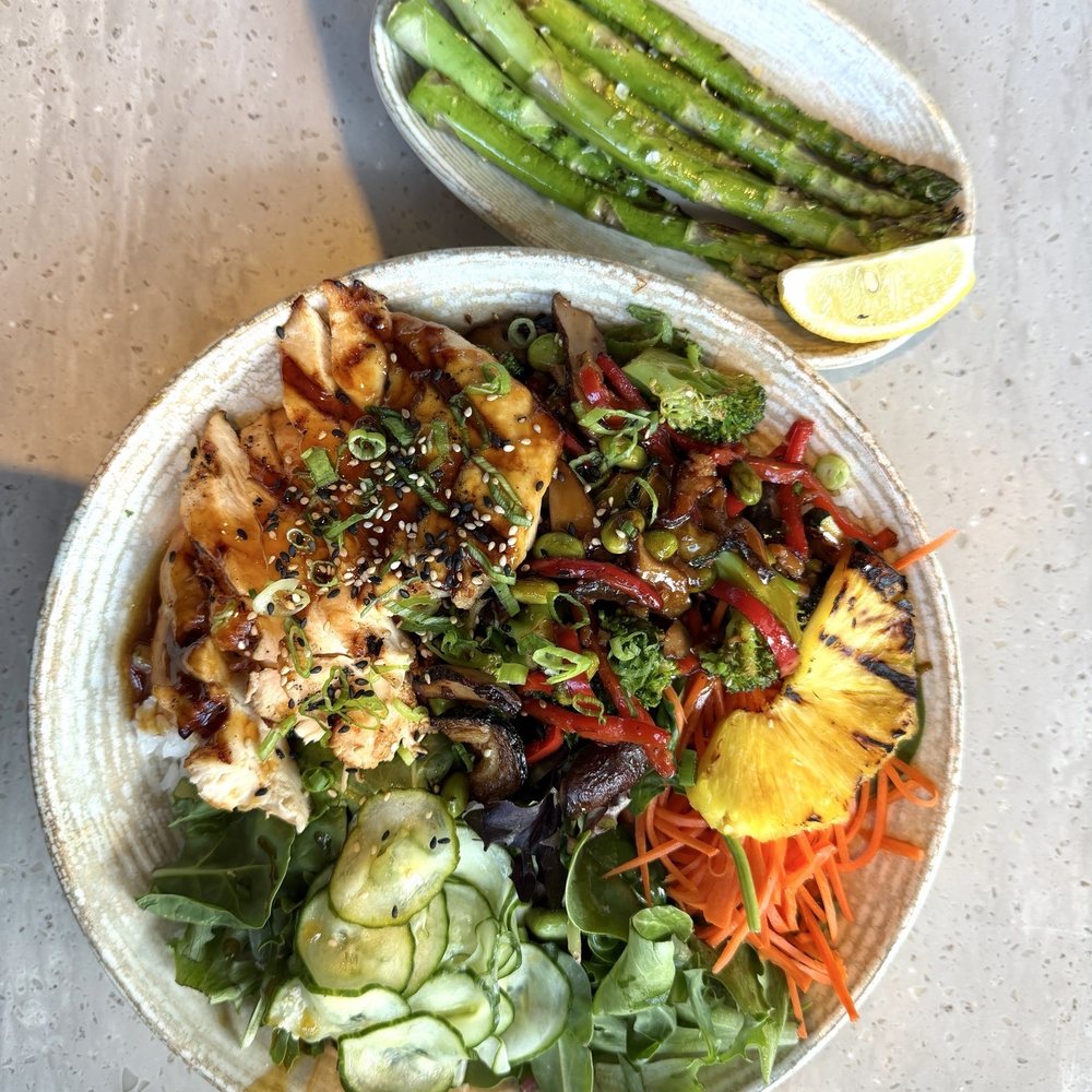 Pacific Catch - Hawaiian Teriyaki Chicken Bowl with an additional side of Grilled Asparagus - Seafood Near Me - Brea, California Pacific Catch - Hawaiian Teriyaki Chicken Bowl with an additional side of Grilled Asparagus - Seafood Near Me - Brea, California