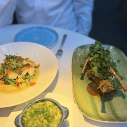 Local Black CoD, Herb, crusted, rack of lamb, and potato purée Local Black CoD, Herb, crusted, rack of lamb, and potato purée