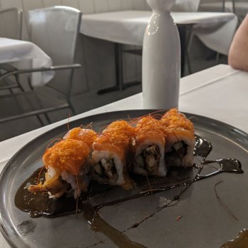 Mint Tapas and Sushi 1 - Sandy - Pluto Roll - Tempura Shrimp, Jalapenos, Cream Cheese, topped with Salmon, Crisps, Habanero and Eel Sauce - Sushi Bars Near Me - Sandy, Utah Mint Tapas and Sushi 1 - Sandy - Pluto Roll - Tempura Shrimp, Jalapenos, Cream Cheese, topped with Salmon, Crisps, Habanero and Eel Sauce - Sushi Bars Near Me - Sandy, Utah
