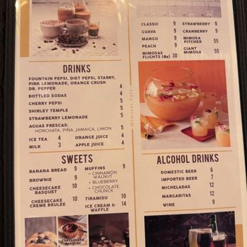 Mimosas cafe - Menu from Mimosas Cafe in Merced, CA, listing coffee options such as espresso, mocha, and cafe latte, along with drinks including fountain sodas, cherry Pepsi, and strawberry lemonade. It features a selection of mimosas with flavors like classic, strawberry, cranberry, mango, and peach, as well as mimosa flights and giant mimosa options. The menu also offers desserts including banana bread, brownies, cheesecakes, tiramisu, and ice cream with waffles. The menu includes prices and images of some desserts and drinks. - Breakfast & Brunch Near Me - Merced, California