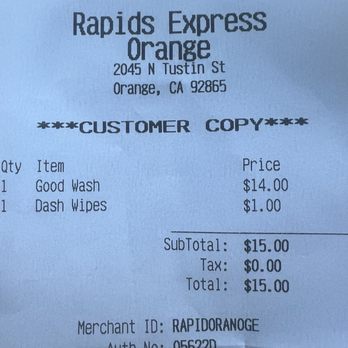 Rapids Express Car Wash - Be careful with getting charged $1 for a dash wipe when they used to be free! Check your receipts! - Car Wash Near Me - Orange, California