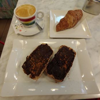 Santoni - Cafe con leche, toast with hazelnut butter, and a strawberry croissant (all vegan and all delicious!) - Coffee & Tea Near Me - Barcelona, B Santoni - Cafe con leche, toast with hazelnut butter, and a strawberry croissant (all vegan and all delicious!) - Coffee & Tea Near Me - Barcelona, B