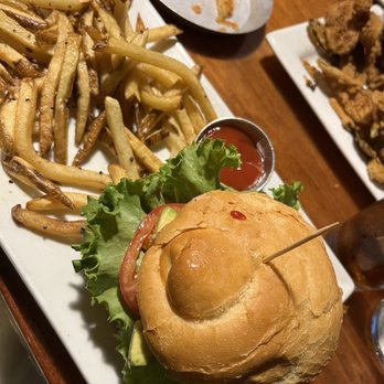The Fork n Cork - Chickpea veggie burger - the fries were DELICIOUS - New American Near Me - Wilmington, North Carolina The Fork n Cork - Chickpea veggie burger - the fries were DELICIOUS - New American Near Me - Wilmington, North Carolina