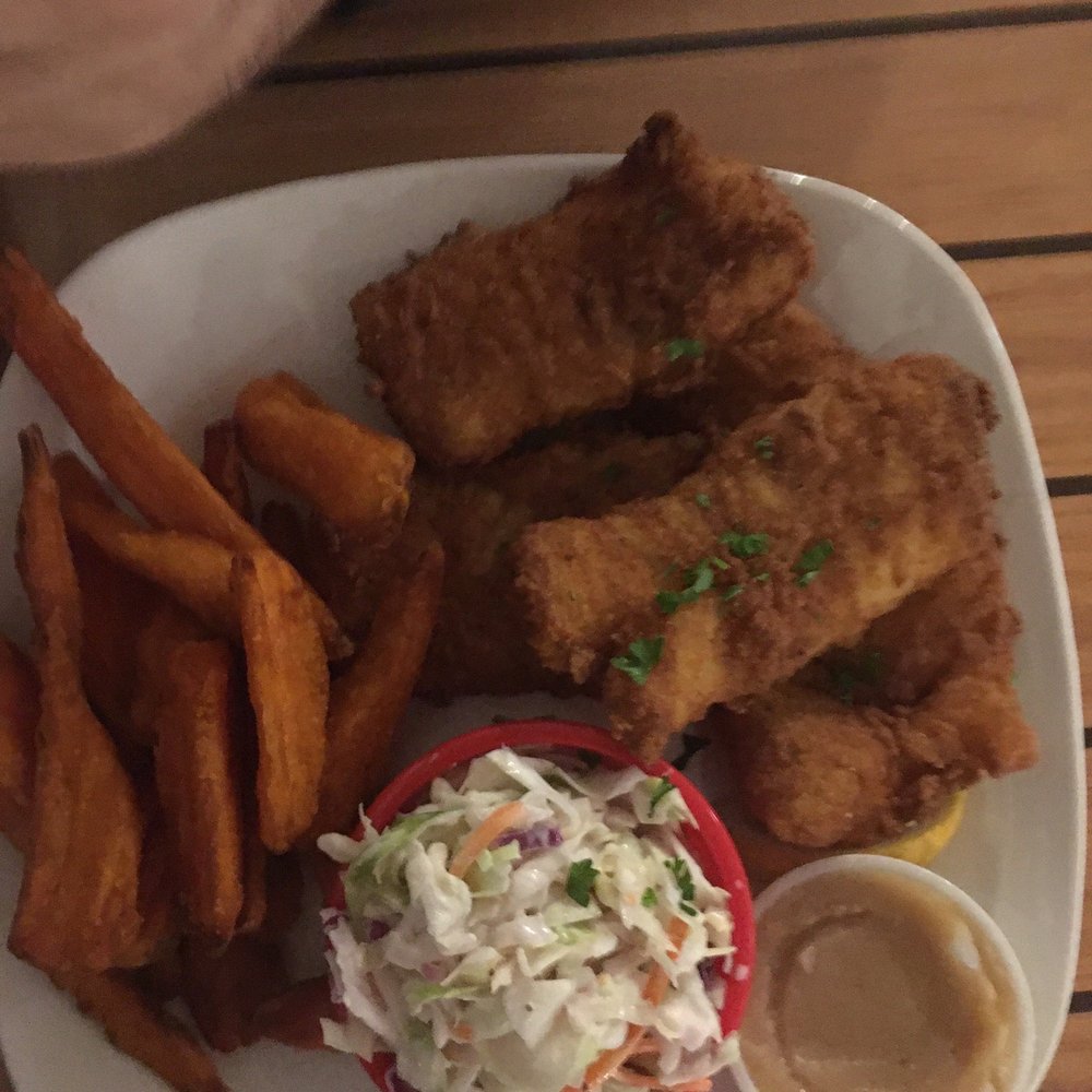 Rusty Hooks Dockside Grill - Fish and chips ( sweet potato fries) are the best with a side of Cole slaw! - Seafood Near Me - Southport, North Carolina Rusty Hooks Dockside Grill - Fish and chips ( sweet potato fries) are the best with a side of Cole slaw! - Seafood Near Me - Southport, North Carolina