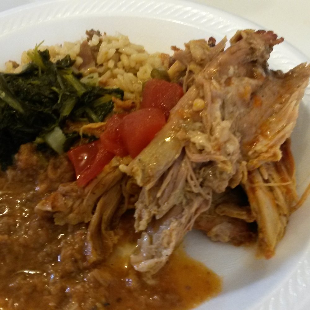 Pulled pork, hash, collard green Pulled pork, hash, collard green