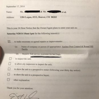 Round Hill Pacific - First notice for treatment of bed bugs - Apartments Near Me - Denver, Colorado