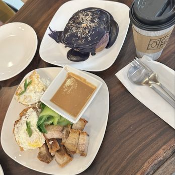 Cafe Motif - Kare kare Lechon Kawali rice plate and ube pancakes - Coffee & Tea Near Me - Gilroy, California Cafe Motif - Kare kare Lechon Kawali rice plate and ube pancakes - Coffee & Tea Near Me - Gilroy, California
