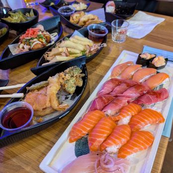 Sushi Damu - Our spread of Sushi! The Bluefin Tuna Nigiri was life changing and the Takoyaki is some of the best I've had at a sushi place! - Sushi Bars Near Me - Tustin, California