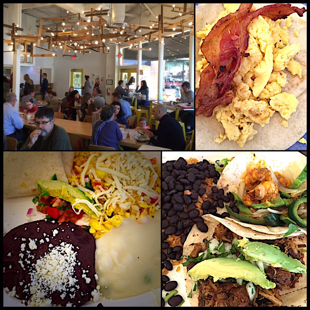Tacodeli - Crowded Sunday scene, & a simple bacon & egg @ $2.11. Migas Royale plate & shrimp/pork duo plate on the bottom. - Breakfast & Brunch Near Me - Austin, Texas Tacodeli - Crowded Sunday scene, & a simple bacon & egg @ $2.11. Migas Royale plate & shrimp/pork duo plate on the bottom. - Breakfast & Brunch Near Me - Austin, Texas
