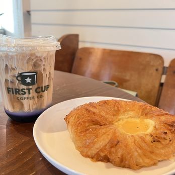 First Cup Coffee - Ube Shaken Espresso & a cream cheese danish - Coffee Roasteries Near Me - Pearland, Texas