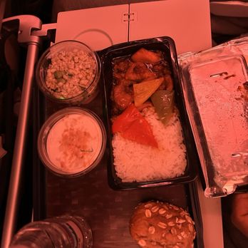 Qatar Airways - Chicken and vegetables with rice Barley salad Bread Dessert - Airlines Near Me - Queens, New York Qatar Airways - Chicken and vegetables with rice Barley salad Bread Dessert - Airlines Near Me - Queens, New York