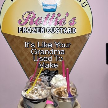 Rollie's Frozen Custard - Butter pecan custard with waffle pieces Vanilla custard with whip cream  Chocolate custard with gummy bears  Hot Cookie (on menu item) - Desserts Near Me - Pearland, Texas