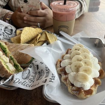 Platform 909 - Basil Pesto Chicken Panini, banana Croffle, Red Velvet Latte, Cookie Butter Latte - Coffee & Tea Near Me - Chino Hills, California