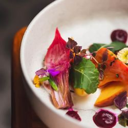 Recette - Colorful seasonal dish at Recette in Williamsburg, featuring vibrant vegetables and edible flowers.
