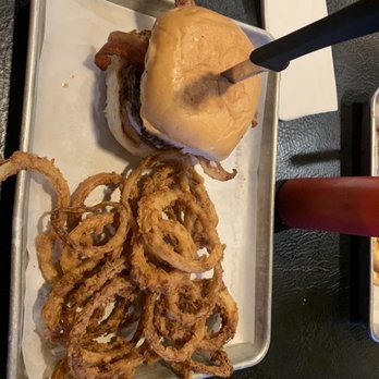 Fuego Burger - a plate of onion rings and a burger - Burgers Near Me - Fort Worth, Texas