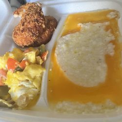 Hamilton Restaurant - Salmon cakes, eggs and cheese grits