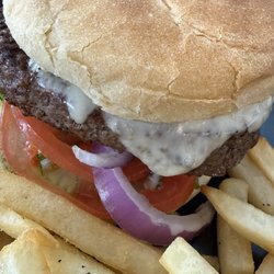 Hudson’s Cafe & Bistro - Flat-Top Burger and Fries. Lovely setting here, but Heritage Burger across parking lot is better by far