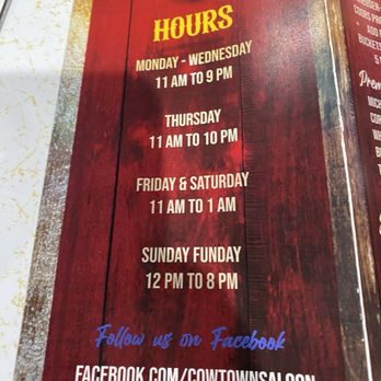 Cow Town Saloon - Back of menu - Steakhouses Near Me