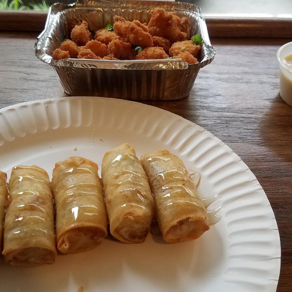 Popcorn Chicken Mango with mayo sauce (back) and Coconut Fried Banana (front) Popcorn Chicken Mango with mayo sauce (back) and Coconut Fried Banana (front)