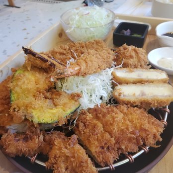 Saku - Zenbu Katsu ($32): Rosu, Hire, Chicken Thigh, 1pc Cheese, 1pc Ebi, 1pc Hotate, 2pc Vegetables (+$8 for add'l set of rice, tonjiru and salad) - Japanese Near Me - Vancouver, British Columbia Saku - Zenbu Katsu ($32): Rosu, Hire, Chicken Thigh, 1pc Cheese, 1pc Ebi, 1pc Hotate, 2pc Vegetables (+$8 for add'l set of rice, tonjiru and salad) - Japanese Near Me - Vancouver, British Columbia