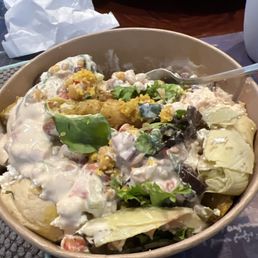 Salad bowl w/ chicken shawarma and all the fixings.