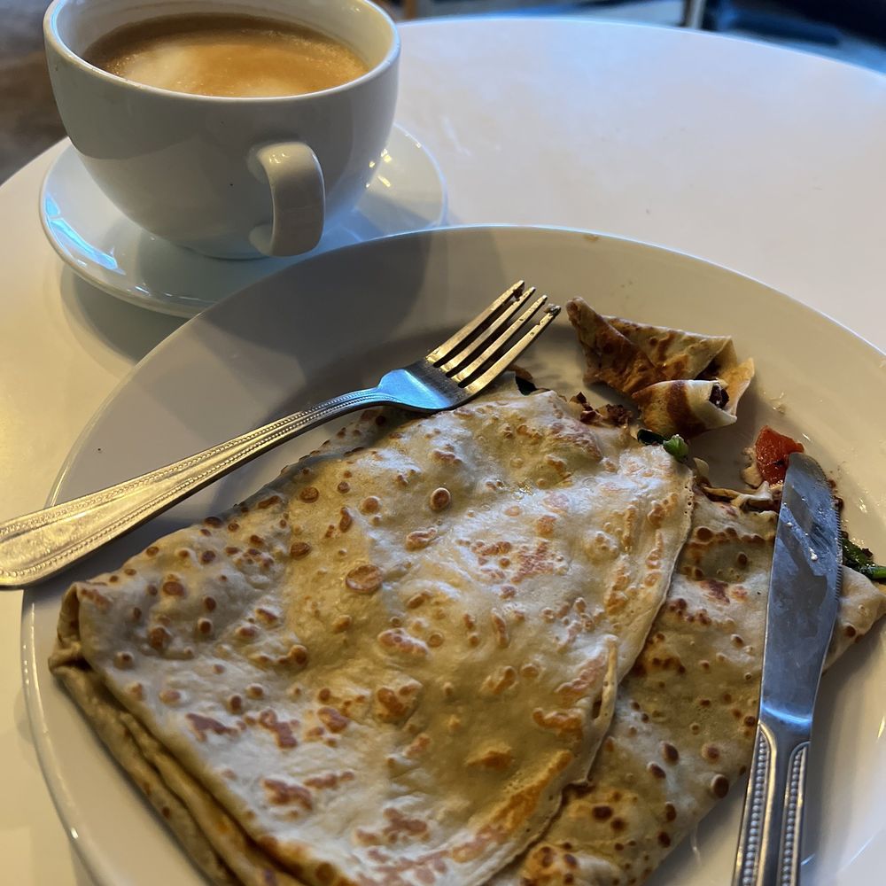 Oat milk latte and #12 crêpe Oat milk latte and #12 crêpe
