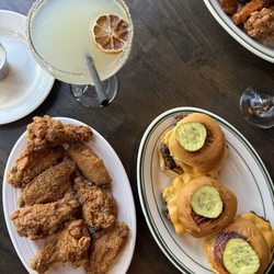 Lemon drop, Cajun chicken wings, cheeseburger sliders