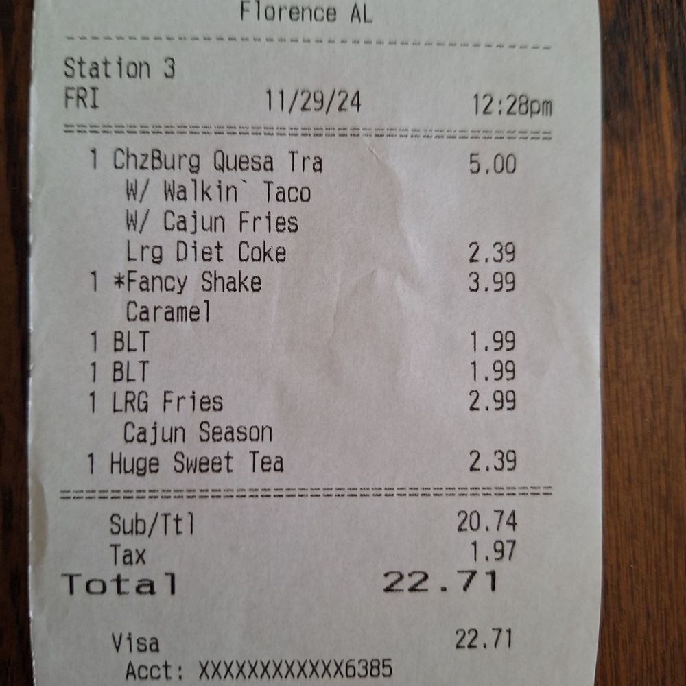 Cook Out - My receipt for payment of our order. Very reasonably priced. - Hot Dogs Near Me - Florence, Alabama