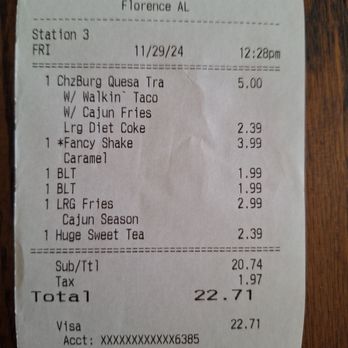 Cook Out - My receipt for payment of our order. Very reasonably priced. - Hot Dogs Near Me - Florence, Alabama Cook Out - My receipt for payment of our order. Very reasonably priced. - Hot Dogs Near Me - Florence, Alabama