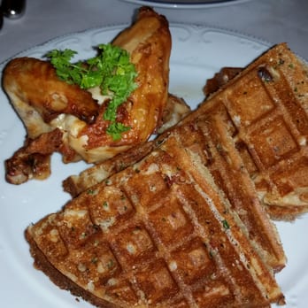 Bouchon - Roasted Chicken with Bacon Chive Waffle. - French Near Me - Las Vegas, Nevada Bouchon - Roasted Chicken with Bacon Chive Waffle. - French Near Me - Las Vegas, Nevada