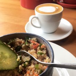 Yummy healthy and light quinoa salad and my wonderful macchiato! Yummy healthy and light quinoa salad and my wonderful macchiato!